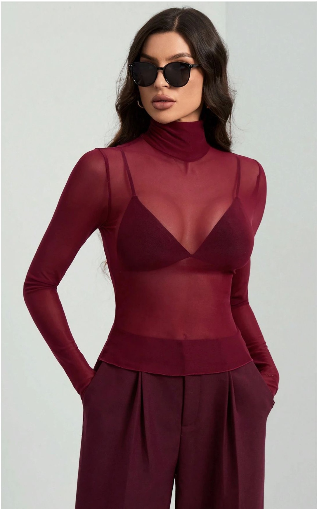 Womens Elegant Turtleneck Mesh Top Sexy Long Sleeve Semi-Sheer Slim T-shirts